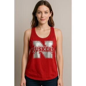 Nebraska Huskers Women’s Tank Top Large Red shiny Silver Logo Fan Shirt